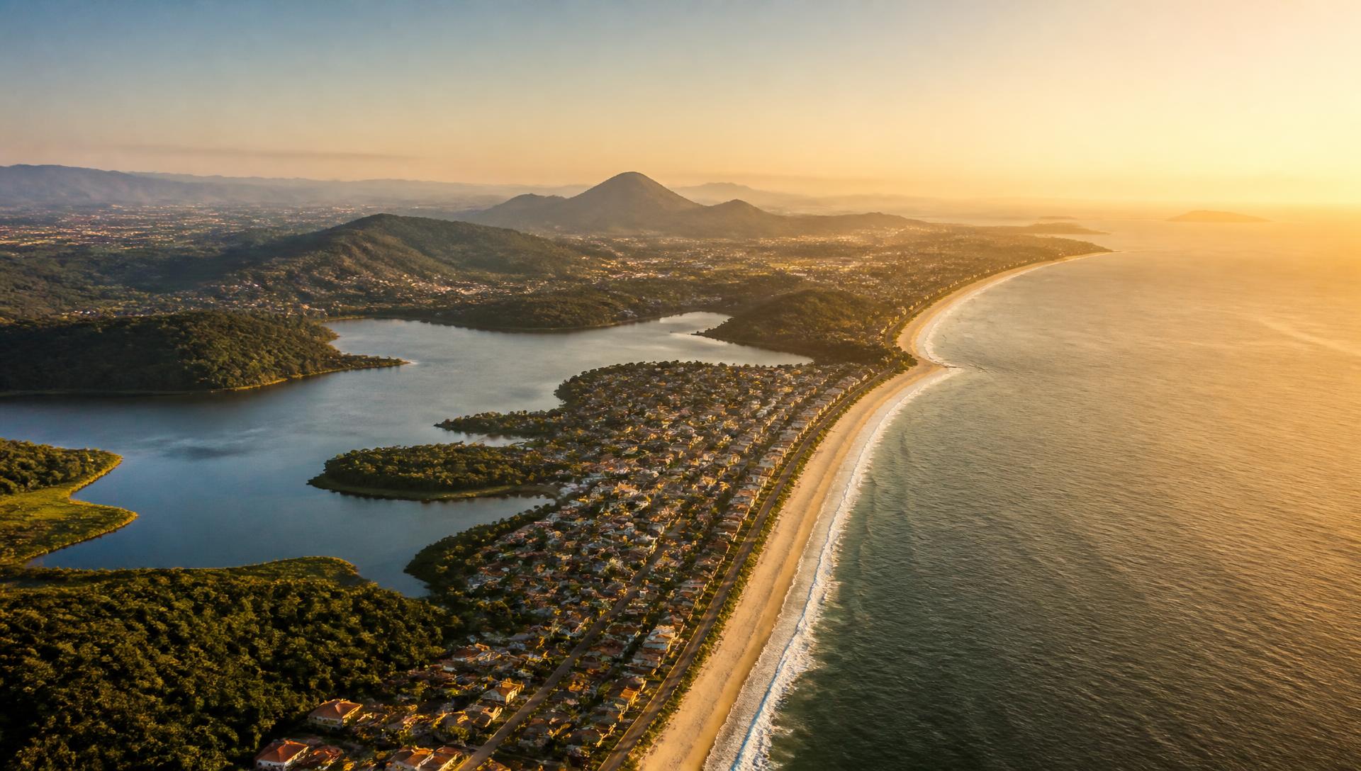 Vista aérea da orla e das lagoas de Maricá ao pôr do sol